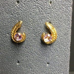 Pierced Earrings Gold Curl Swirl Purple Rhinestone Small Retro BoHo